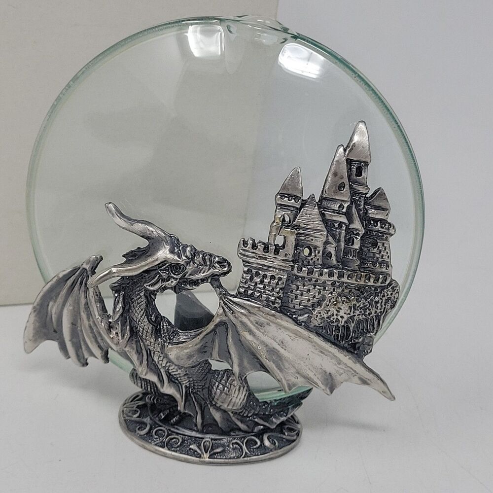 Vintage Pewter Glass Circle Oil Lamp Bud Vase Metal Dragon & Castle w/ Wick